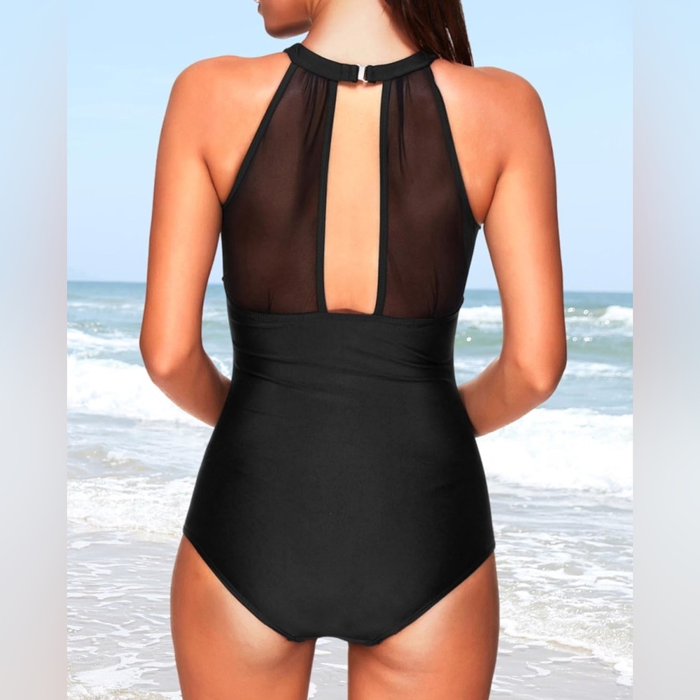 New - Tempt Me High Neck Plunge Ruched Tummy Control One Piece Bathing Suit - Picture 3 of 10